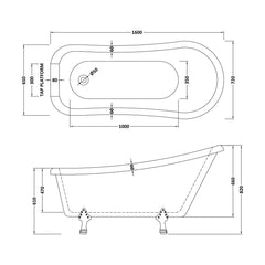 [BBFS185] Traditional Roll Top Slipper Freestanding Bath with Feet - Choice of Size - Technical Drawing