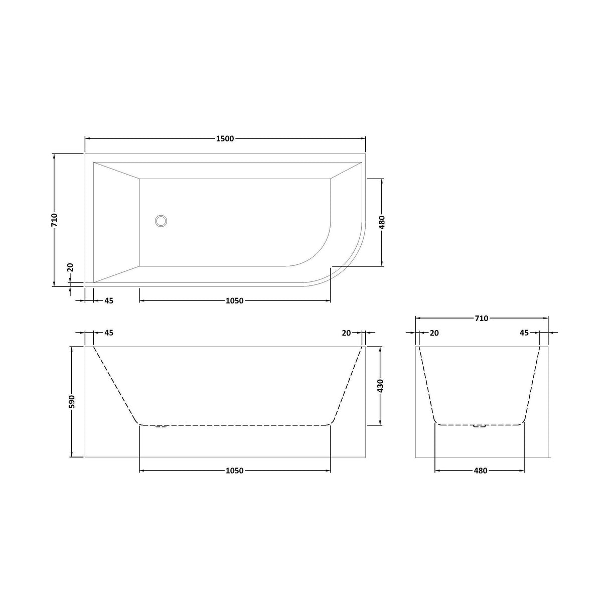[BBFS187L] Contemporary Corner Freestanding Bath, Left or Right Hand J Shaped Bath - Choice of Size - Technical Drawing