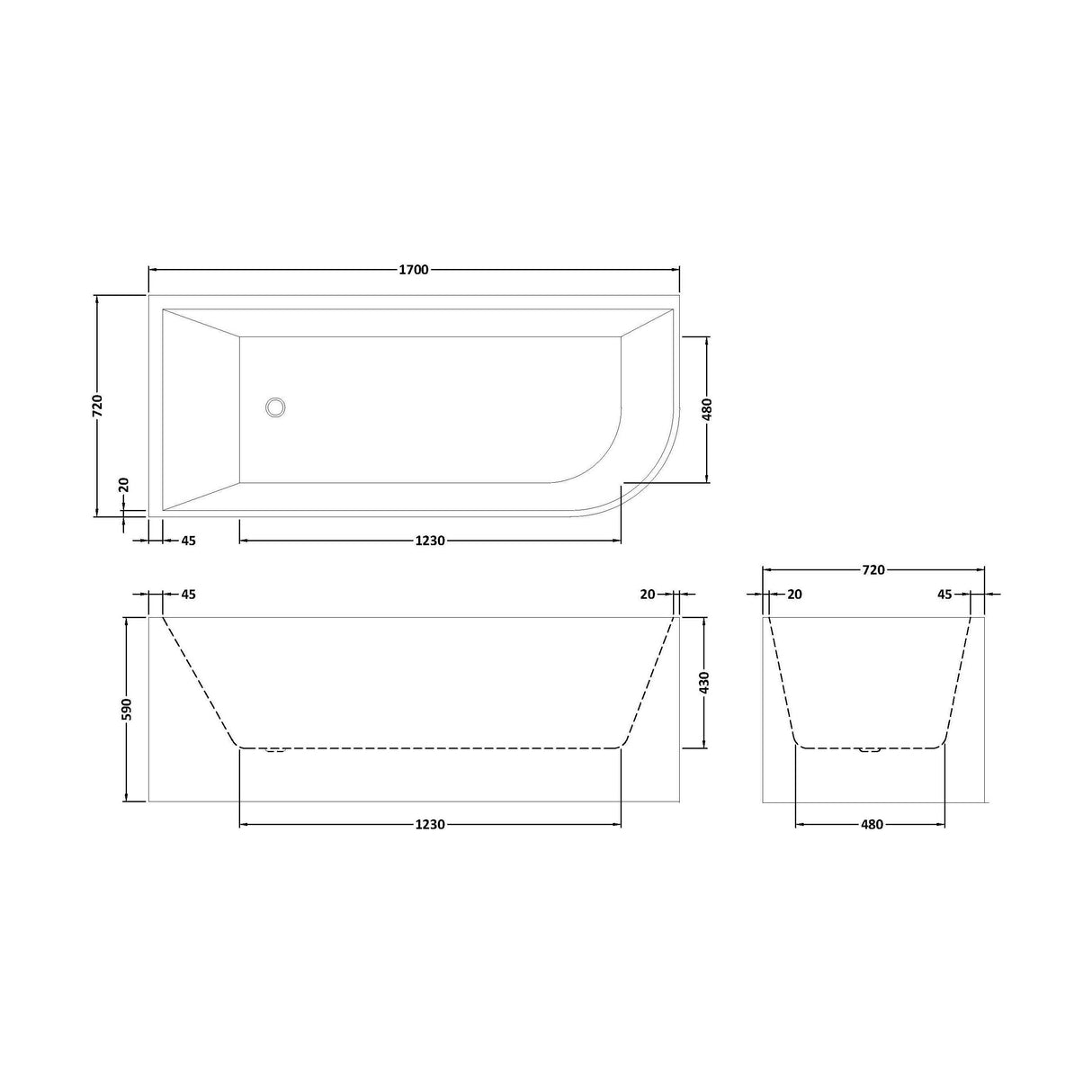[BBFS188L] Contemporary Corner Freestanding Bath, Left or Right Hand J Shaped Bath - Choice of Size - Technical Drawing