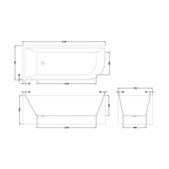 [BBFS188L] Contemporary Corner Freestanding Bath, Left or Right Hand J Shaped Bath - Choice of Size - Technical Drawing