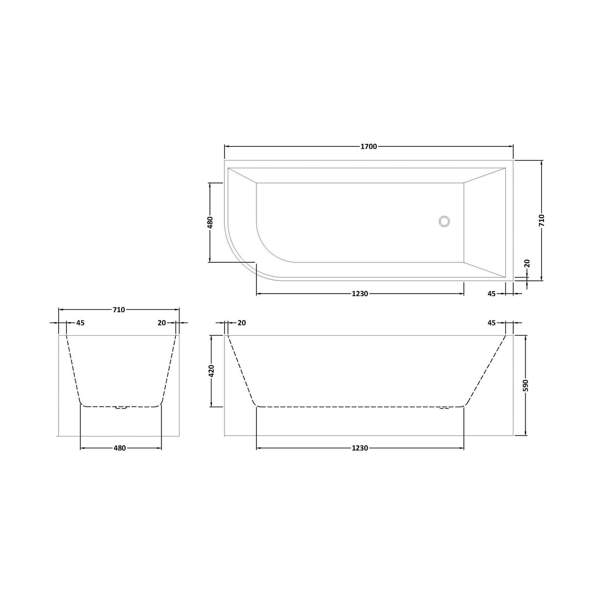 [BBFS188R] Contemporary Corner Freestanding Bath, Left or Right Hand J Shaped Bath - Choice of Size - Technical Drawing