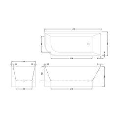 [BBFS188R] Contemporary Corner Freestanding Bath, Left or Right Hand J Shaped Bath - Choice of Size - Technical Drawing