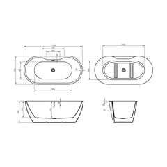 [BBFSB201-A] Modern Oval Freestanding Double Ended Soaking Bath - Choice of Size - Technical Drawing