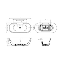 [BBFSB202MW] Modern Bathroom Double Ended Bath, 1655 x 445 x 580mm, Matt White - Technical Drawing