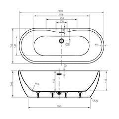 [BBFSB203-A] Modern Oval Freestanding Double Ended Soaking Bath - Choice of Size - Technical Drawing