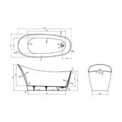 [BBFSB204-A] Modern Slipper Freestanding Bath, Single Ended Raised Back, Luxury Soaking Bath - 1660 x 725mm - Technical Drawing