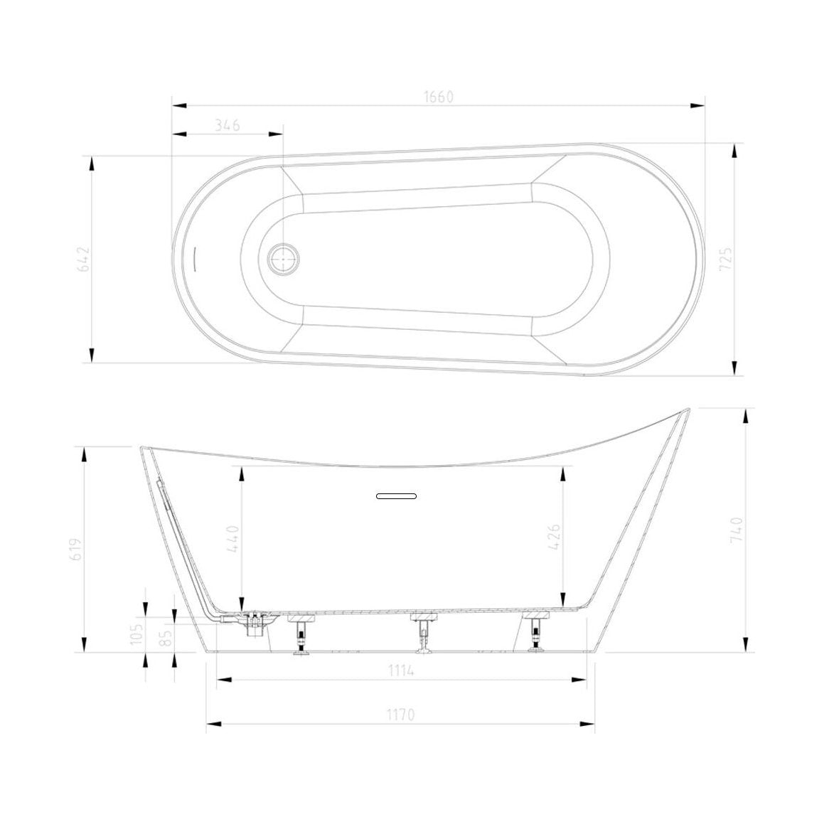 [BBFSB204MW] Modern Bathroom Slipper Bath, 1660 x 642 x 740mm, Matt White - Technical Drawing