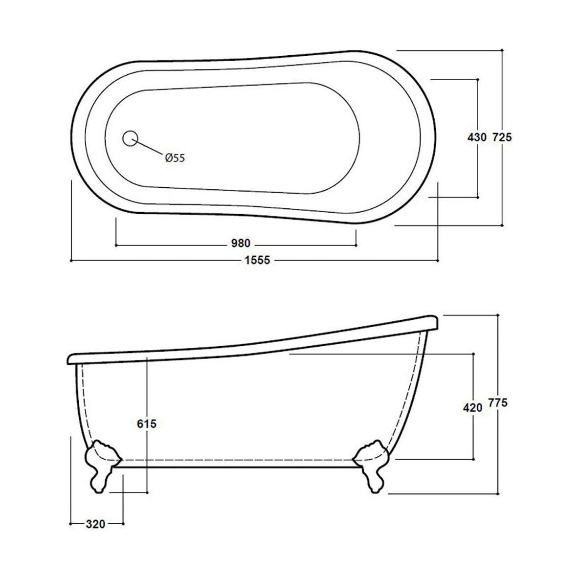 [BBFSB303] Brentwood Slipper Bath 1555 - Technical Drawing