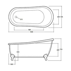 [BBFSB303] Brentwood Slipper Bath 1555 - Technical Drawing