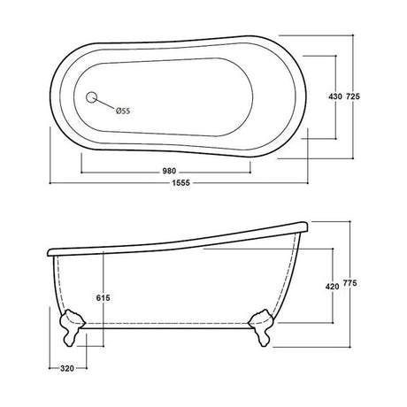 [BBFSB303] Brentwood Slipper Bath 1555 - Technical Drawing