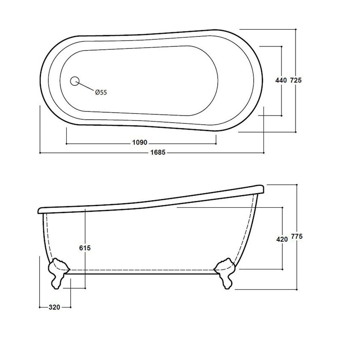 [BBFSB304] FSB304 Brentwood Slipper Bath 1685 - Technical Drawing
