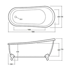 [BBFSB304] FSB304 Brentwood Slipper Bath 1685 - Technical Drawing