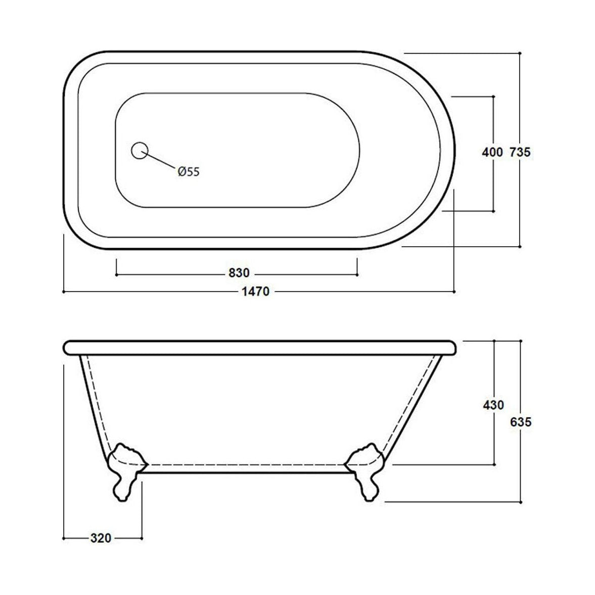 [BBFSB305] FSB305 Cambridge SglEnded Bath 1470 - Technical Drawing