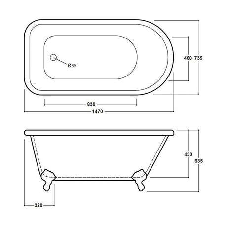 [BBFSB305] FSB305 Cambridge SglEnded Bath 1470 - Technical Drawing