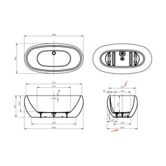 [BBFSB308-A] Oval Freestanding Bath, Double Ended, 1600 x 850mm - Gloss White Finish - Technical Drawing