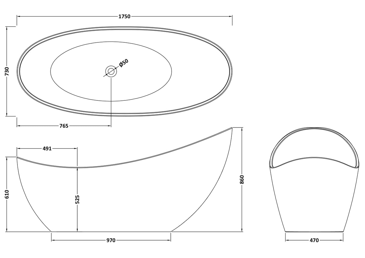 [BBFSB309] Modern Freestanding Slipper Bath, 1750mm - Choice of Colour - Technical Drawing