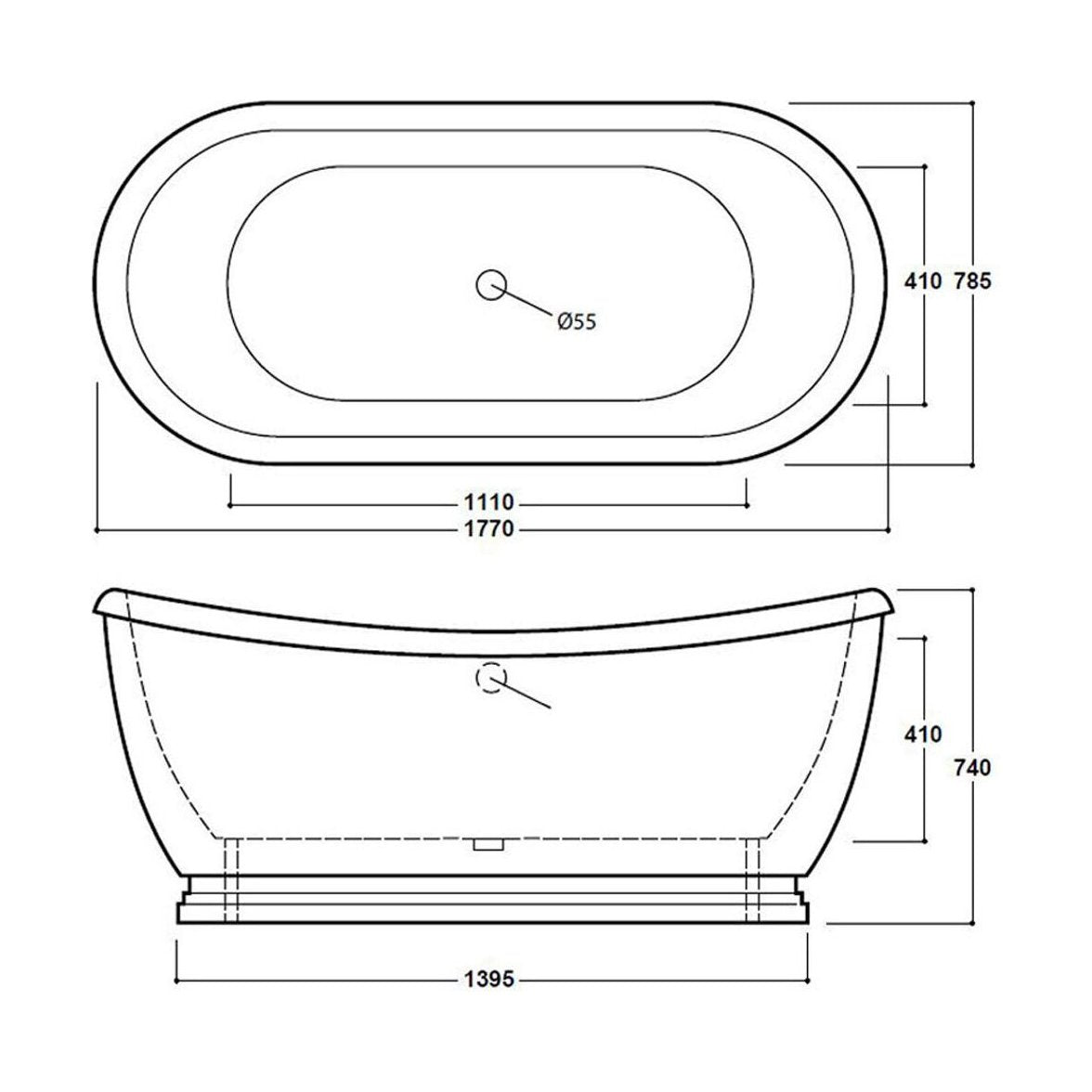 [BBFSB310HG] Traditional Freestanding Boat Bath, Double Ended, 1770mm - Choice of Colour - Technical Drawing