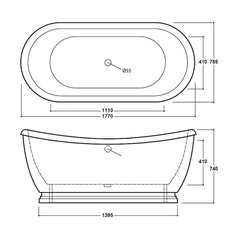 [BBFSB310HG] Traditional Freestanding Boat Bath, Double Ended, 1770mm - Choice of Colour - Technical Drawing