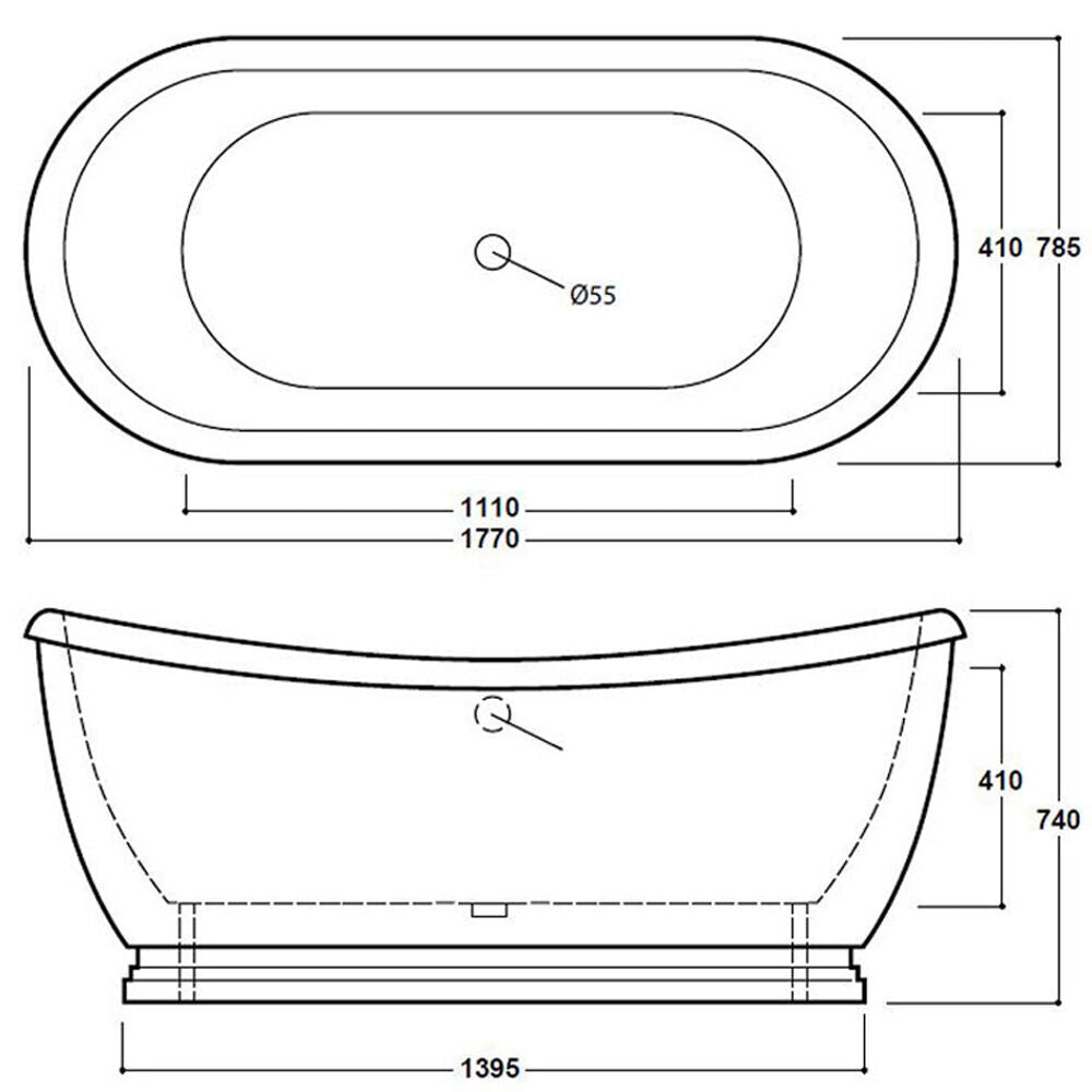 [BBFSB310] Traditional Freestanding Boat Bath, Double Ended, 1770mm - Choice of Colour - Technical Drawing
