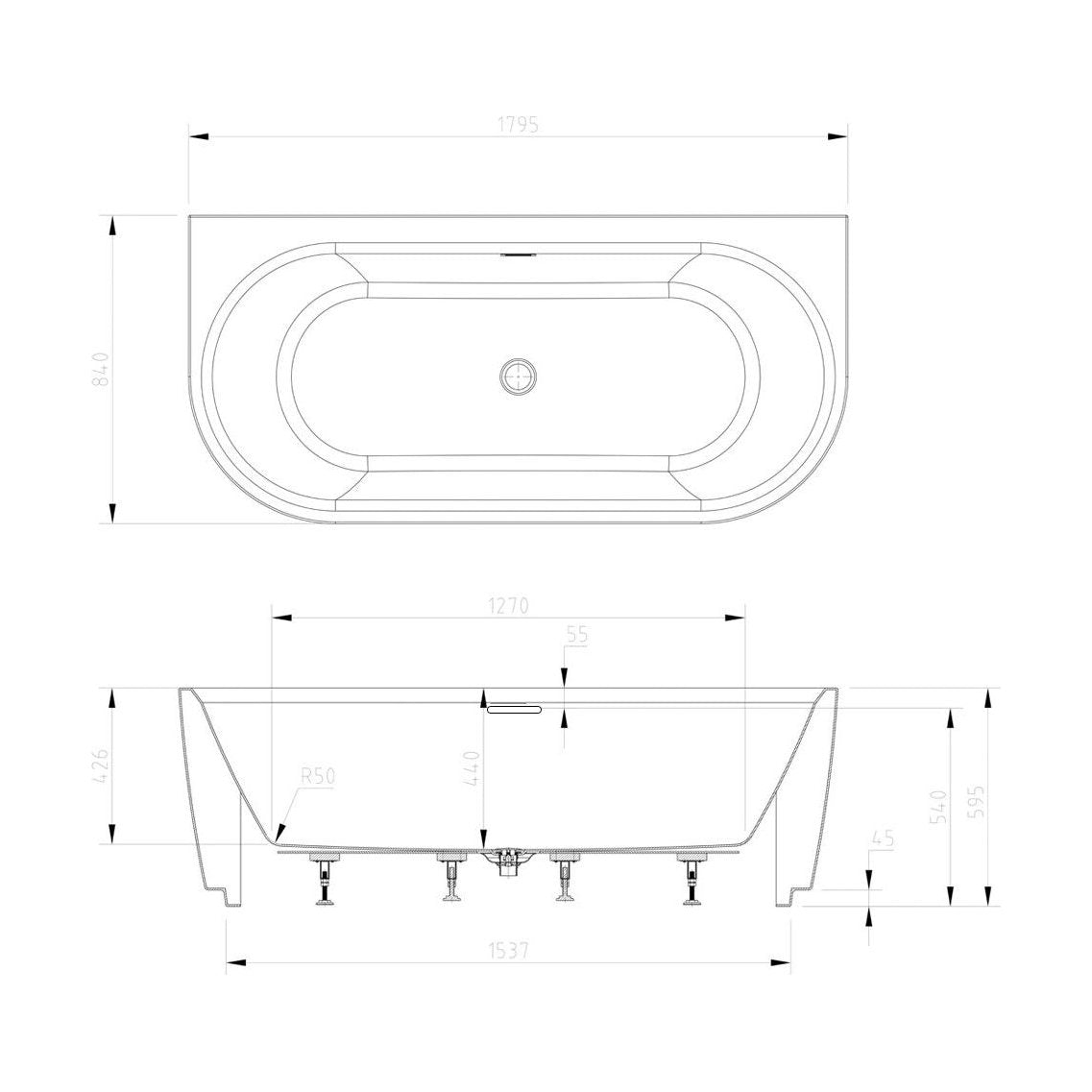 [BBFSB312] Modern Double Ended Bath, 1795 x 595 x 840mm, White - Technical Drawing