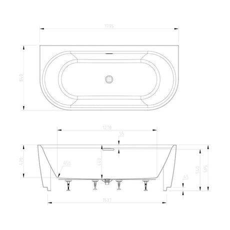 [BBFSB312] Modern Double Ended Bath, 1795 x 595 x 840mm, White - Technical Drawing