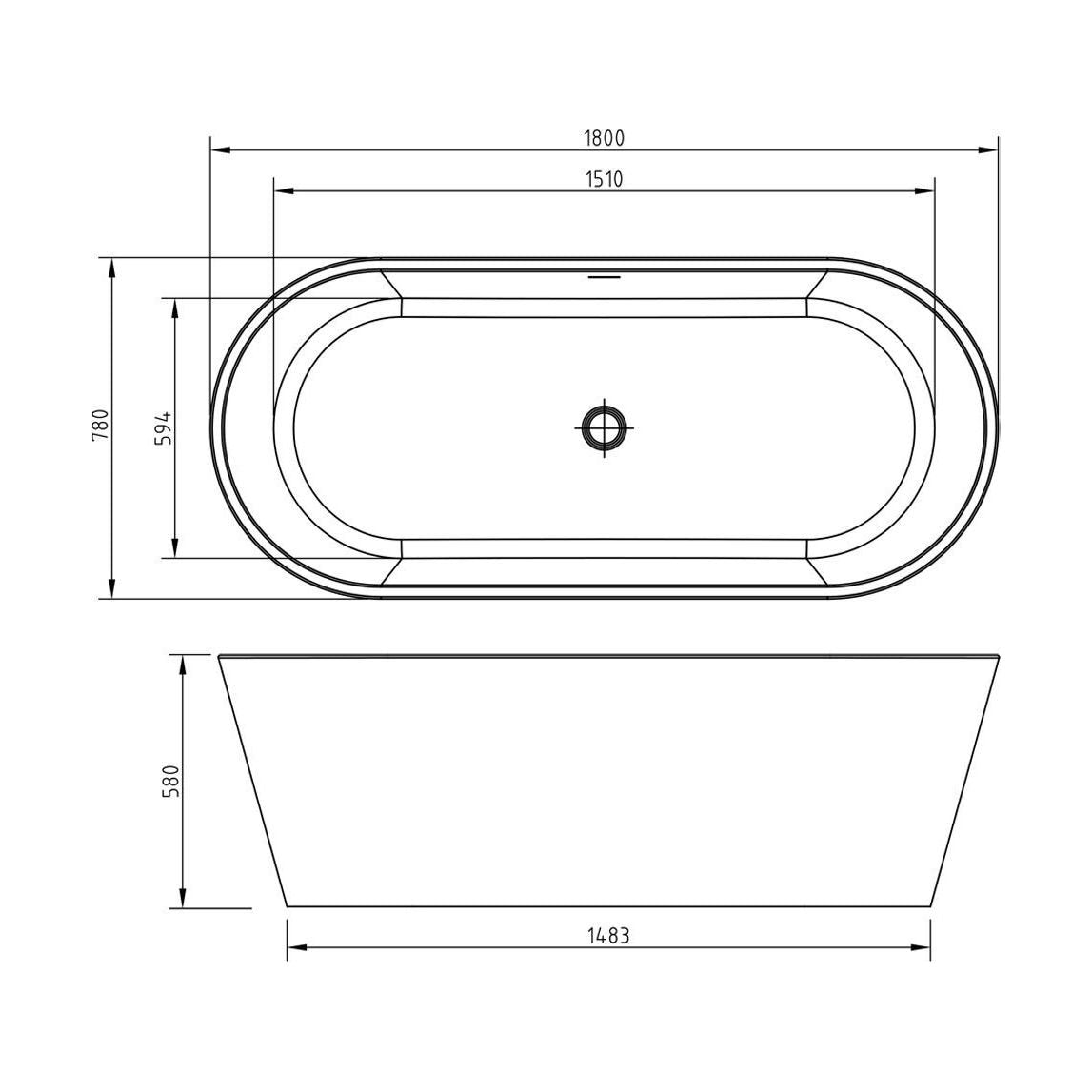 [BBFSB398-A] Freestanding Acrylic Double Ended Bath - Choice of Size - Technical Drawing