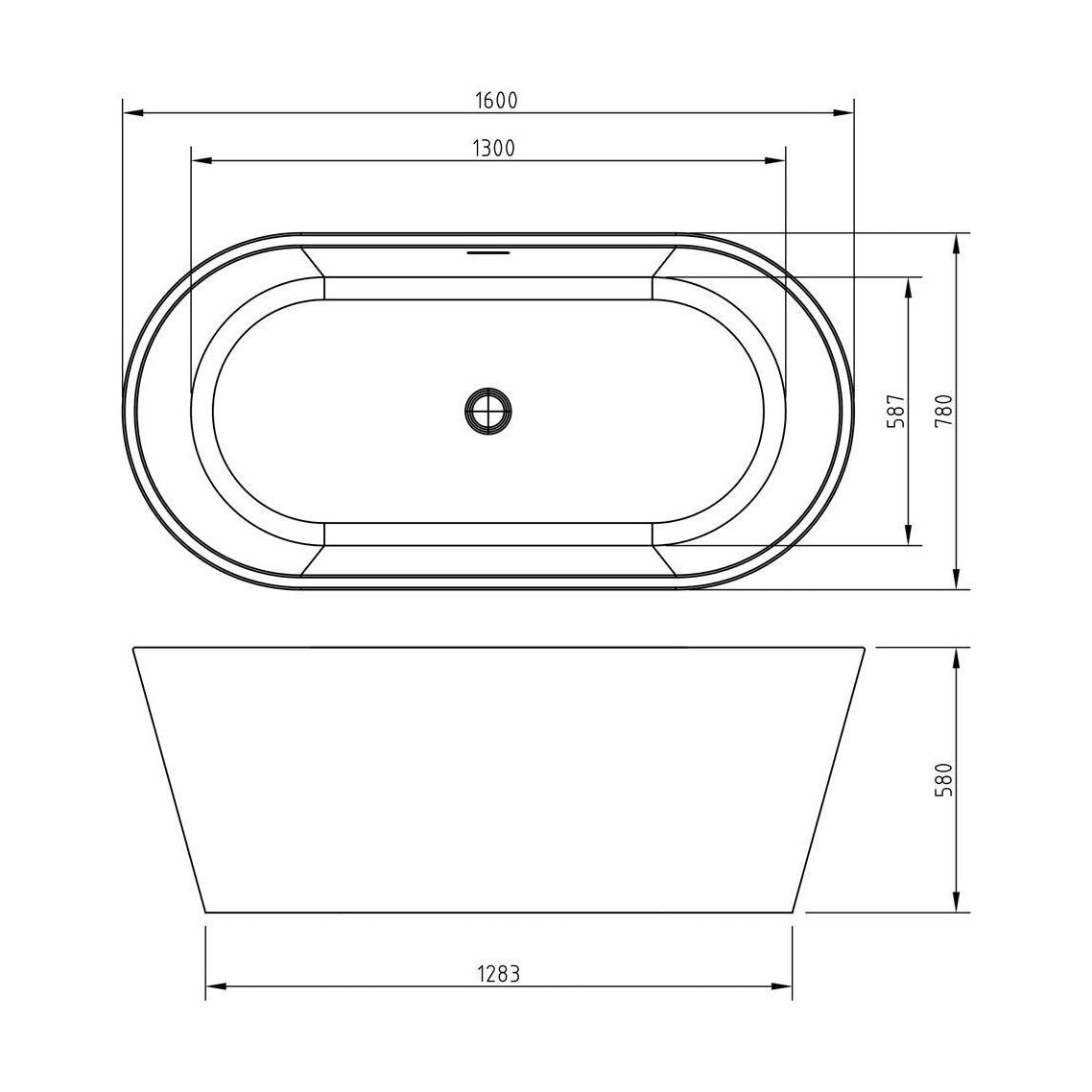 [BBFSB400] Modern Fluted Freestanding Bath, 1600 x 580 x 780mm, White - Technical Drawing