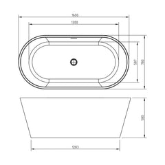 [BBFSB400] Modern Fluted Freestanding Bath, 1600 x 580 x 780mm, White - Technical Drawing