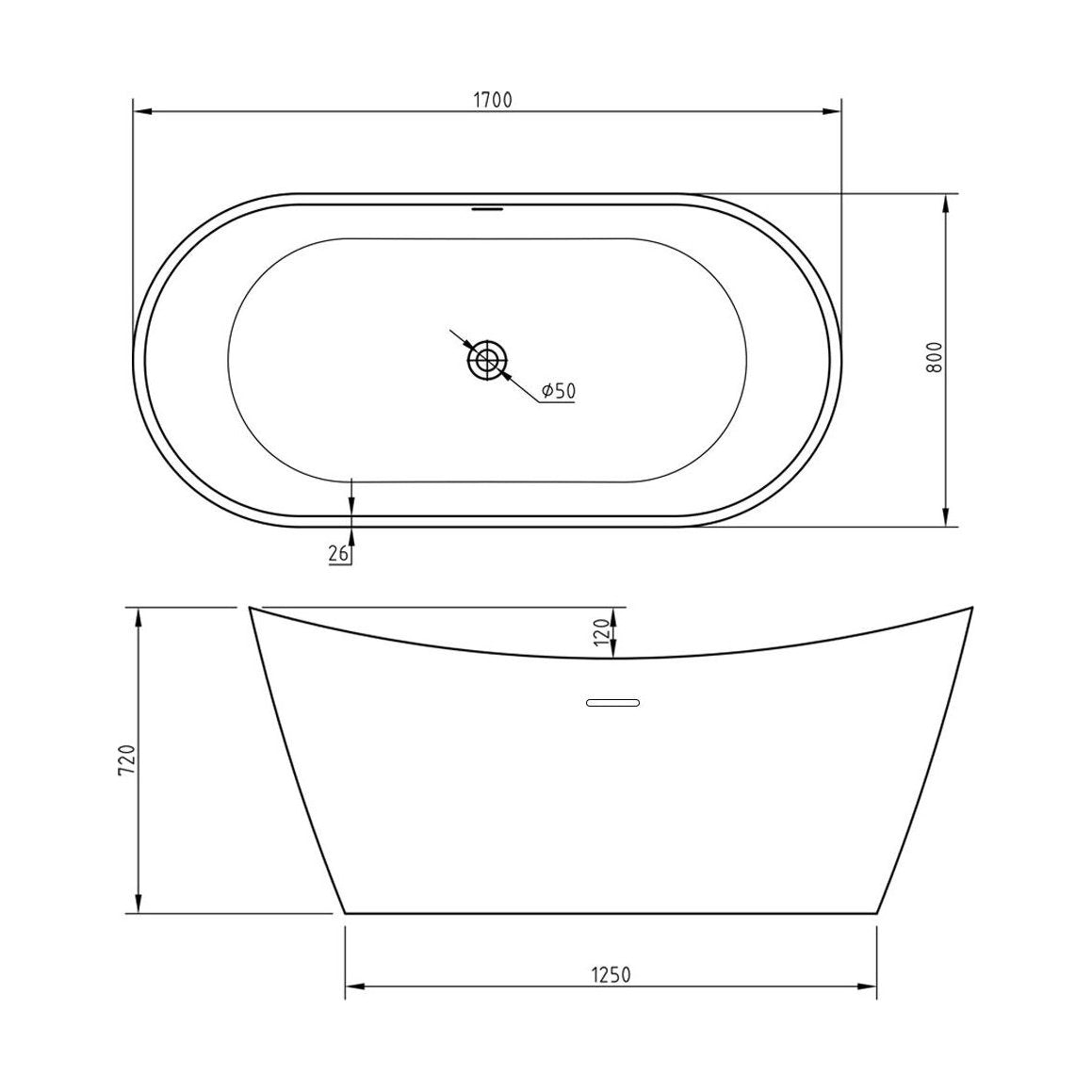 [BBFSB402] Bolsena Freestanding Bath 1700 x 800 - Technical Drawing
