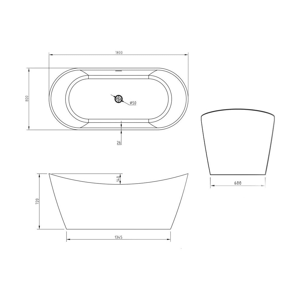 [BBFSB403] Modern 1800mm Double Ended Freestanding Bath – Gloss White Acrylic with Integrated Waste & Overflow, Ideal for Contemporary Bathrooms - Technical Drawing