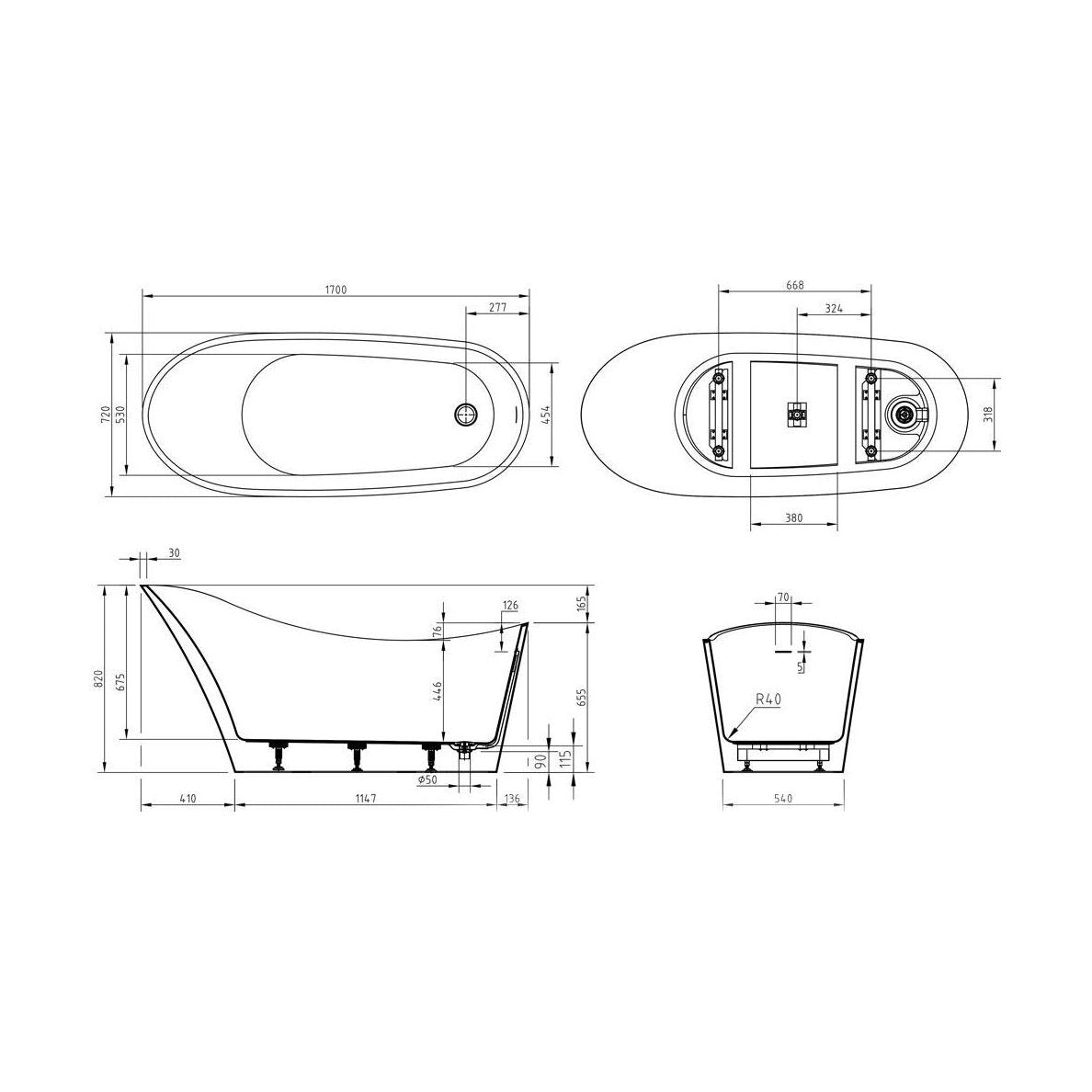 [BBFSB405] Modern Fluted Freestanding Bath, 1700 x 530 x 820mm, White - Technical Drawing