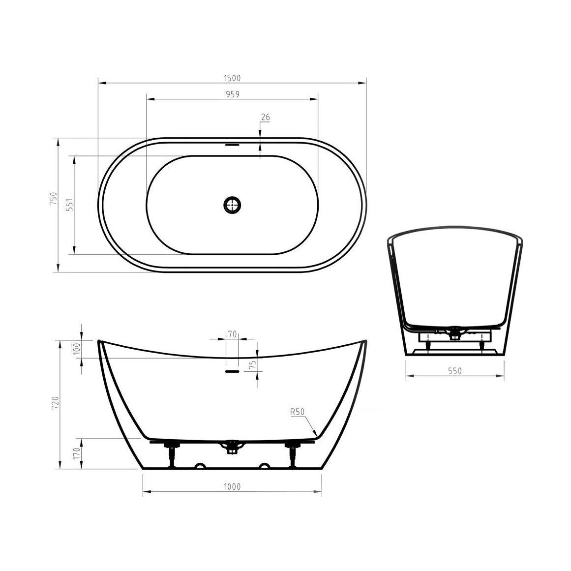 [BBFSB406] Modern Double Ended Bath, 1500 x 551 x 720mm, White - Technical Drawing