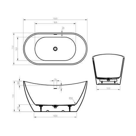[BBFSB406] Modern Double Ended Bath, 1500 x 551 x 720mm, White - Technical Drawing