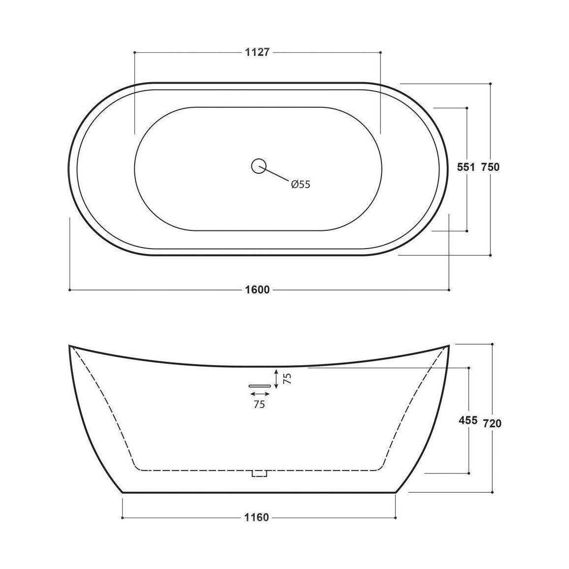 [BBFSB407] Modern Double Ended Bath, 1160 x 551 x 720mm, White - Technical Drawing