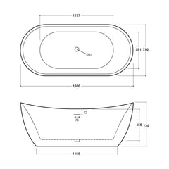 [BBFSB407] Modern Double Ended Bath, 1160 x 551 x 720mm, White - Technical Drawing