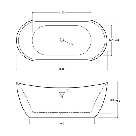 [BBFSB407] Modern Double Ended Bath, 1160 x 551 x 720mm, White - Technical Drawing