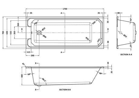 [BBHA109] Harrington Traditional Straight Single Ended Bath Tub, Choice of Size - Line Drawing