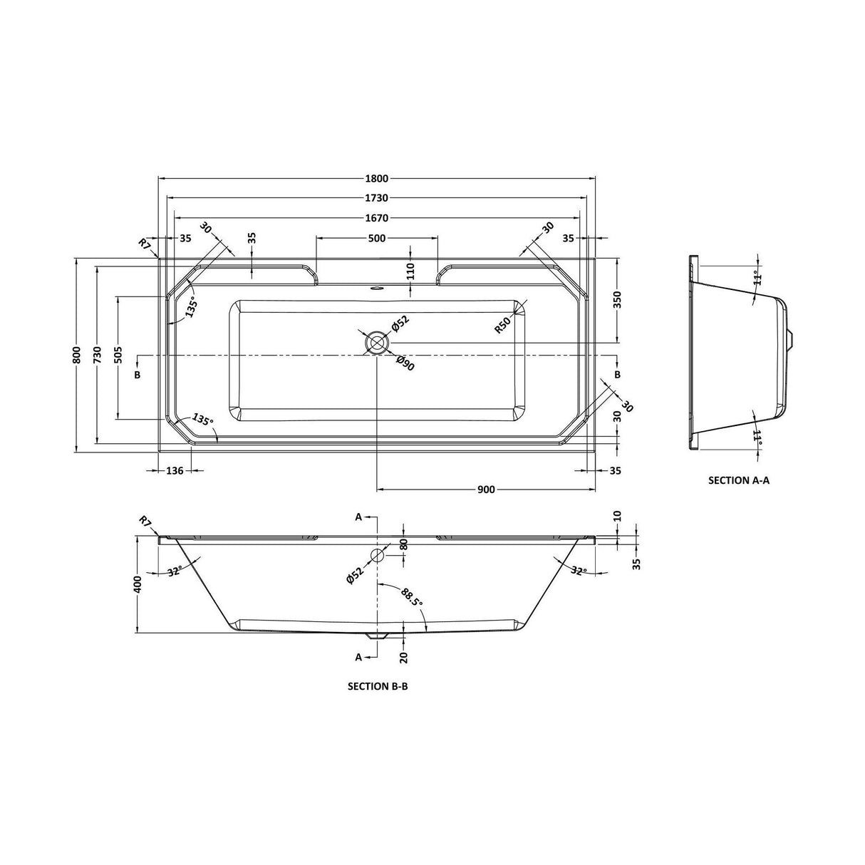 [BBHA114] Balterley Harrington Traditional Straight Double Ended Shower Bath Tub, 1800mm x 800mm - White - Technical Drawing