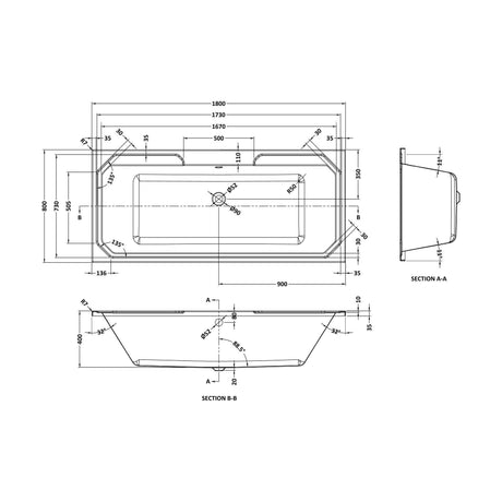 [BBHA114] Balterley Harrington Traditional Straight Double Ended Shower Bath Tub, 1800mm x 800mm - White - Technical Drawing