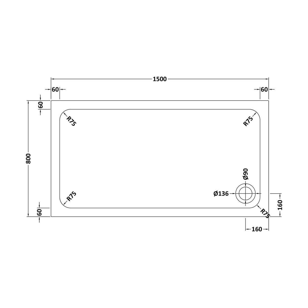[BBHAS1580] Hydro45 Anti Slip Tray 1500 x 800 WH - Technical Drawing