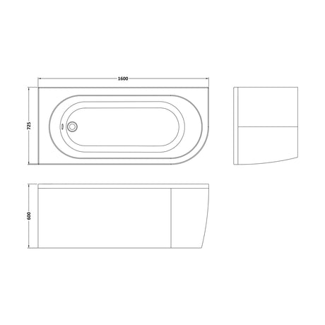 [BBKI004L] Balterley 1600mm Left-Hand Curved Bath With Legs And Panel - Technical Drawing