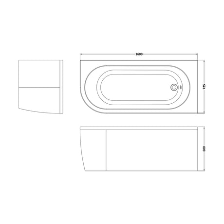 [BBKI004R] Balterley 1600mm Right-Hand Curved Bath With Legs And Panel - Technical Drawing