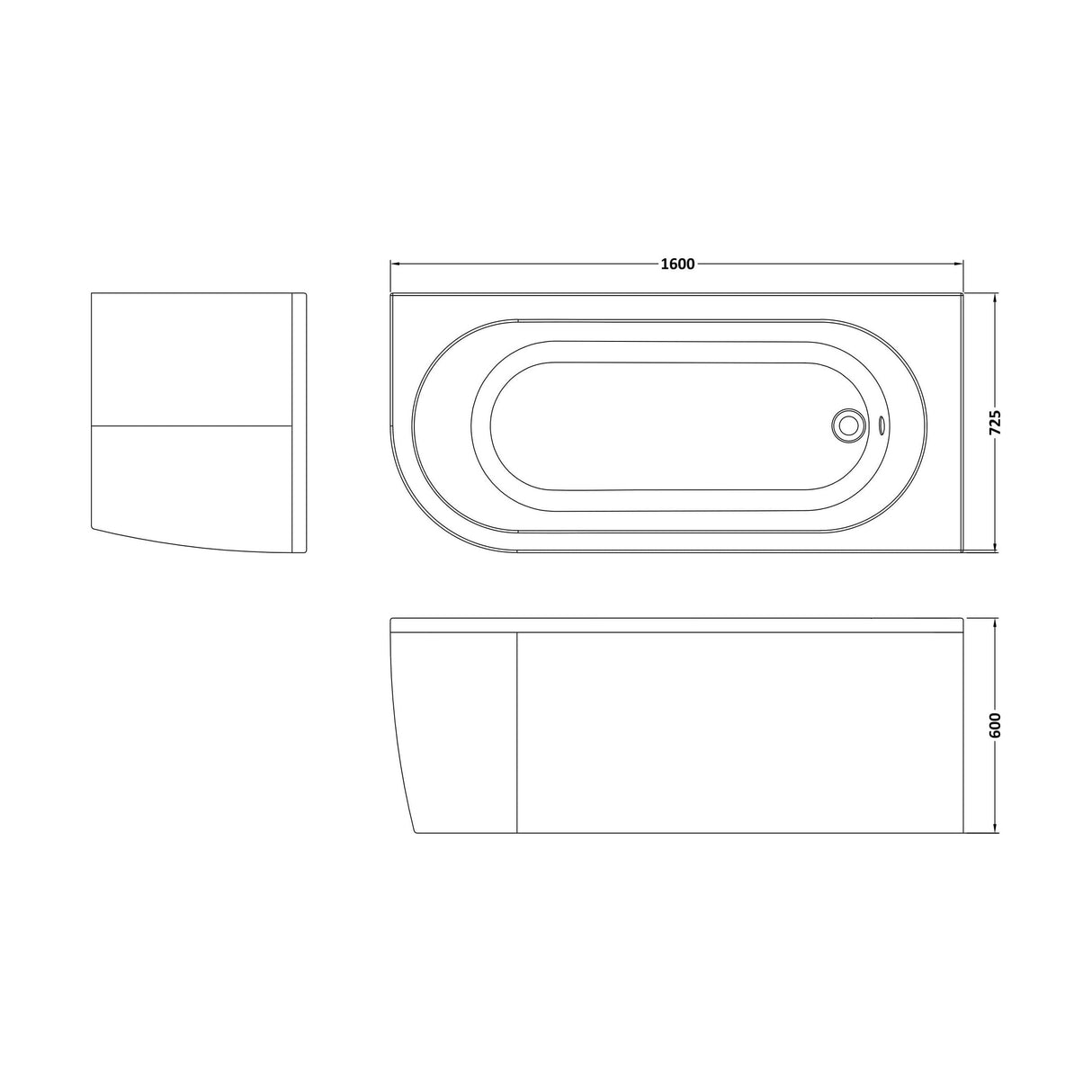 [BBKI004R] Curved Bath With Legs And Panel, 1600mm, Choice of Orientation - Technical Drawing