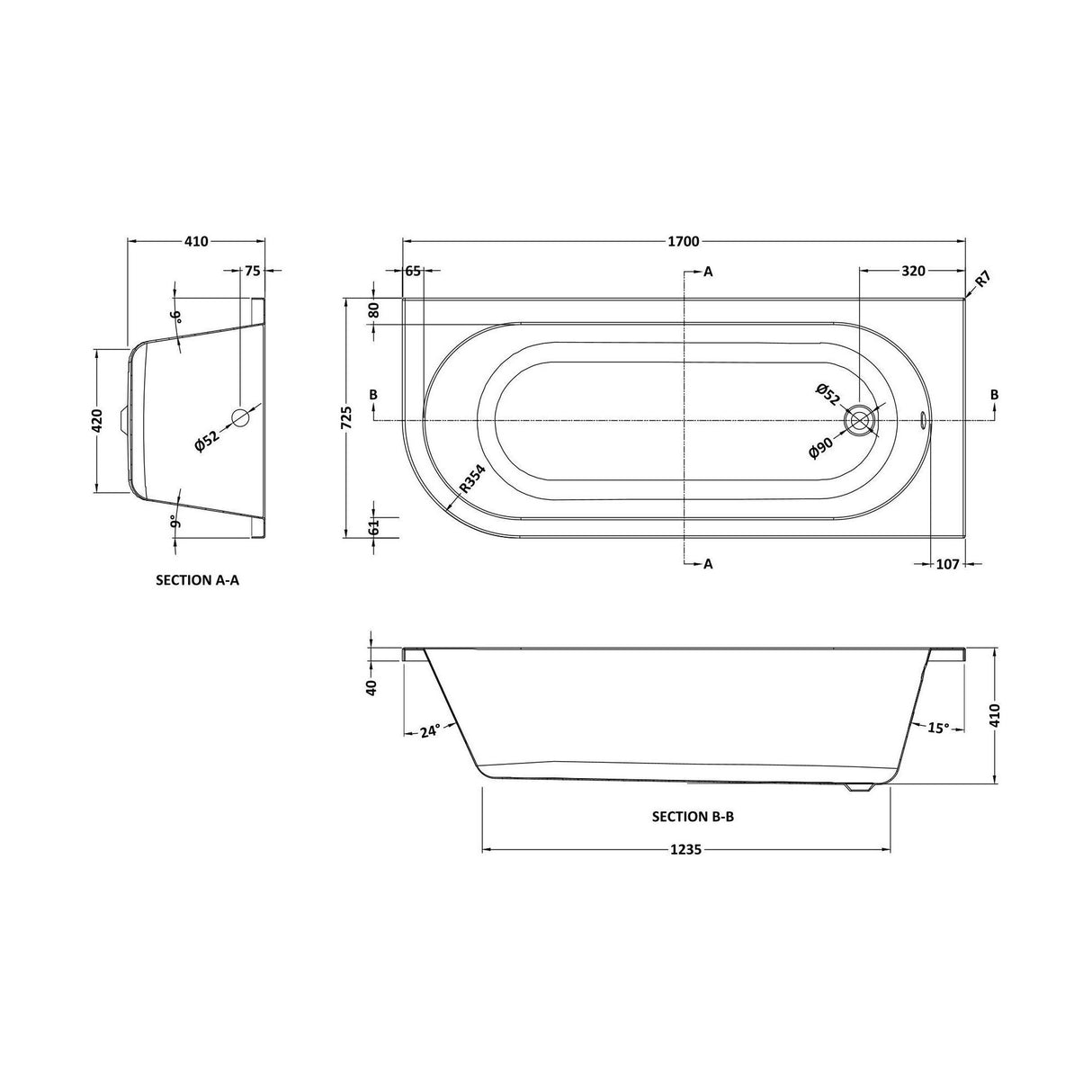 [BBKI005R] Kingsley Right Hand Back to Wall Corner J Shaped Bath Tub and Panel (Taps and Waste Not Included) - 1700mm - Balterley - Technical Drawing