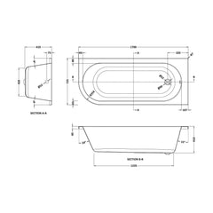 [BBKI005R] Kingsley Right Hand Back to Wall Corner J Shaped Bath Tub and Panel (Taps and Waste Not Included) - 1700mm - Balterley - Technical Drawing