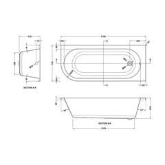 [BBKI209R] Kingsley Back to Wall J Corner Bath with Leg Set (Taps, Waste and Panel Not Included), 1700mm, Left or Right Hand - Technical Drawing