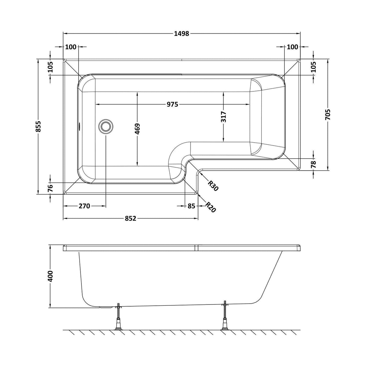 [BBL15L] L SQUARE SHOWER BATH LH 1500x850x700x585 - Technical Drawing