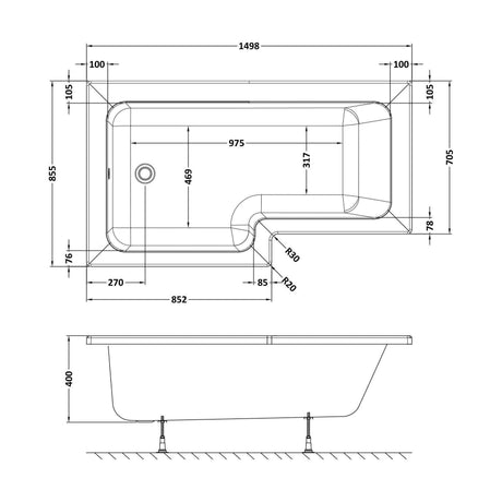 [BBL15L] L SQUARE SHOWER BATH LH 1500x850x700x585 - Technical Drawing