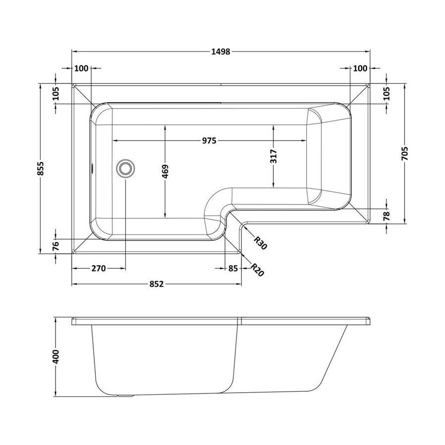 [BBL15PL] Contemporary L Shaped Bath & Side Panel Left Hand, 1500 x 850 x 390mm - Technical Drawing