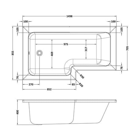 [BBL15PL] Contemporary L Shaped Bath & Side Panel Left Hand, 1500 x 850 x 390mm - Technical Drawing
